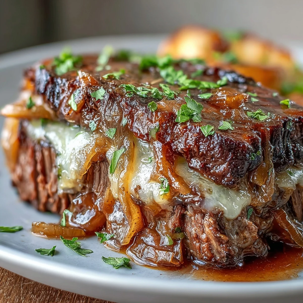 Sliced Savory Crock Pot French Onion Pot Roast served over mashed potatoes, topped with caramelized onions.