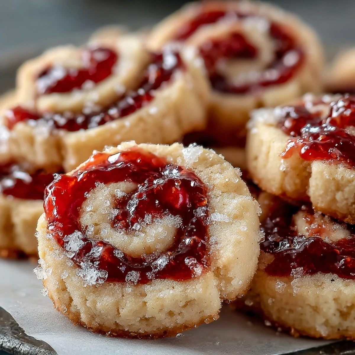 Golden Raspberry Swirl Shortbread Cookies with a jam center sit on a wire cooling rack, showcasing crisp, buttery edges and soft centers. 