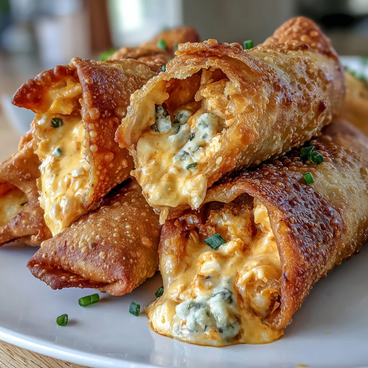 Fresh green onions sprinkle the top of the crunchy fried egg rolls, offering a zesty contrast to the rich filling.