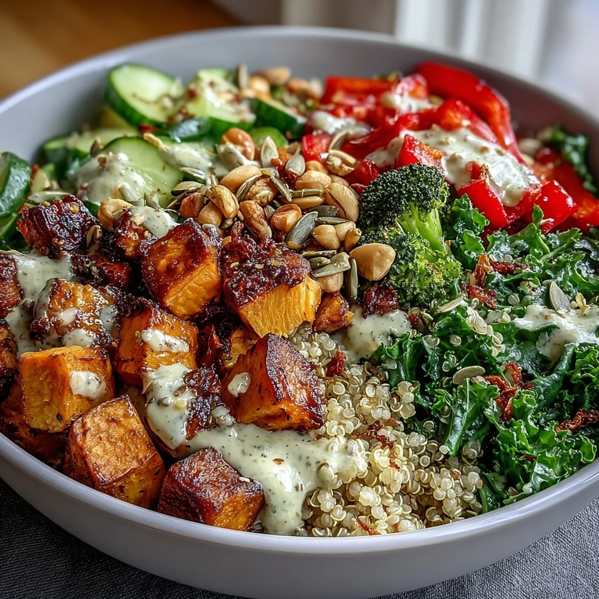 Overhead view of five glass meal prep containers filled with the Week-Long Power Bowl, featuring fresh cucumbers, tomatoes, and chickpeas.