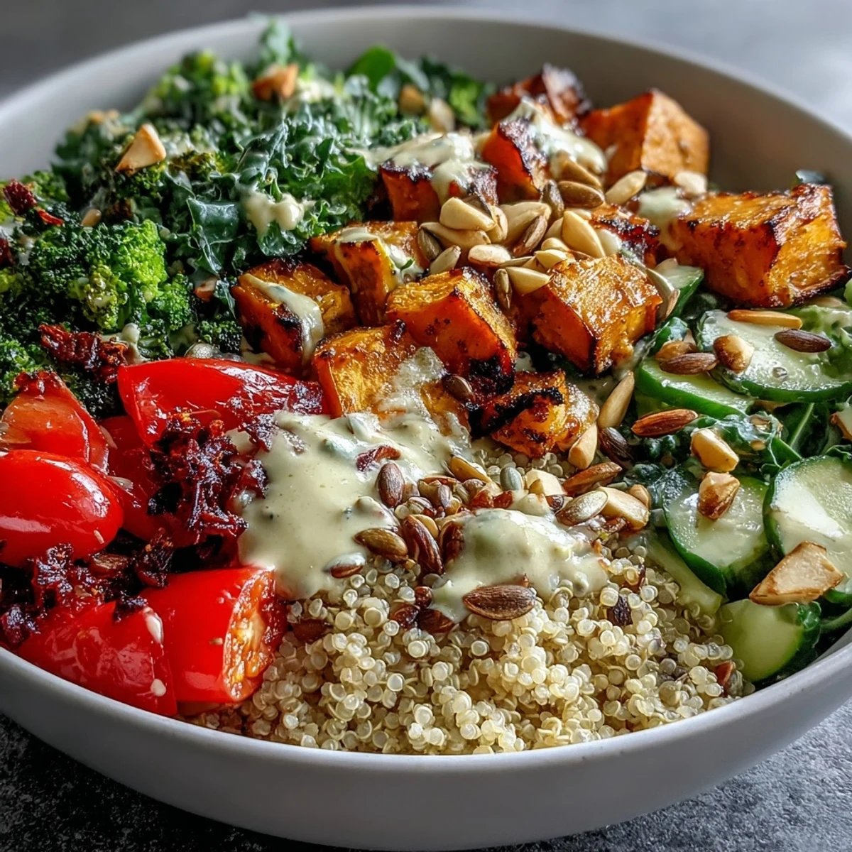 A fork lifting a hearty bite of the Meal Prep Week-Long Power Bowl, drizzled with creamy tahini dressing and sprinkled with seeds.