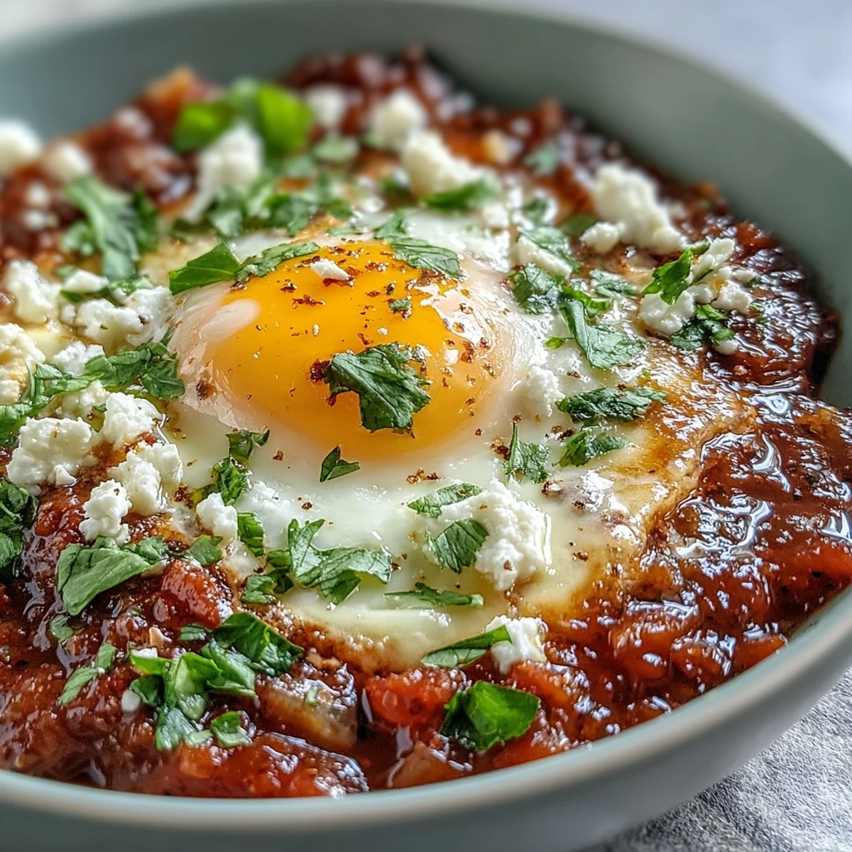 Shakshuka Bowl with poached eggs simmering in a spicy tomato and pepper sauce, ready to serve with warm pita bread.