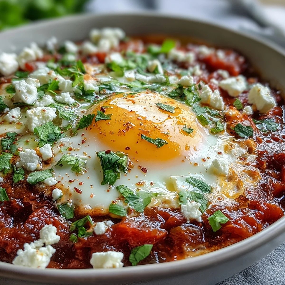 Overhead view of a shakshuka bowl featuring runny yolks, chopped peppers, and a side of toasted pita wedges for dipping.