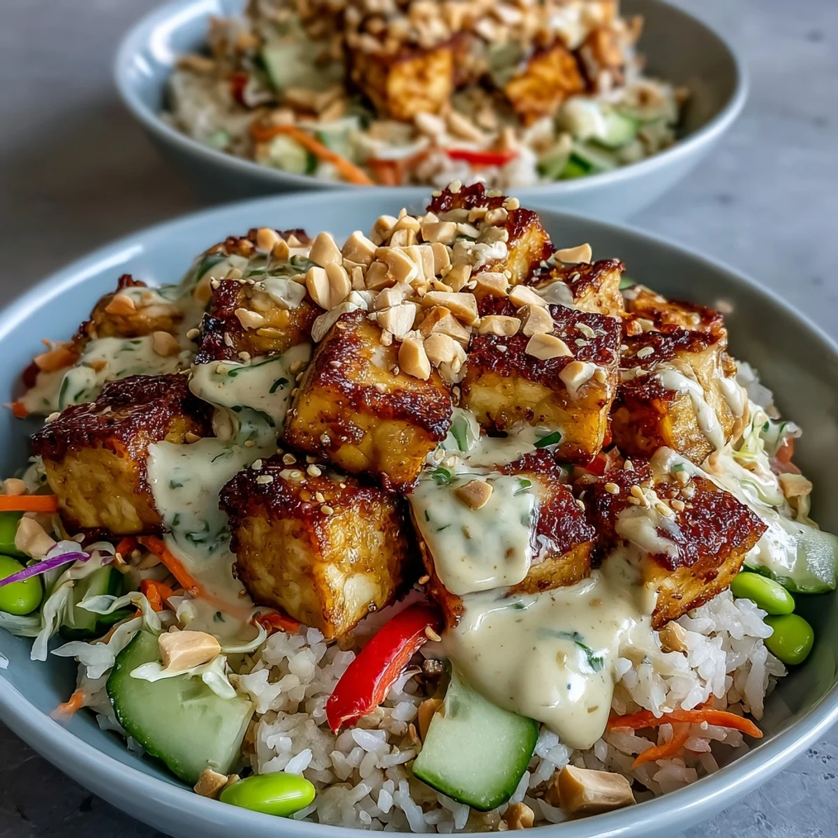 Crispy baked tofu cubes and vibrant, crunchy vegetables top a bed of fluffy quinoa in this nourishing Peanut Tofu Power Bowl.