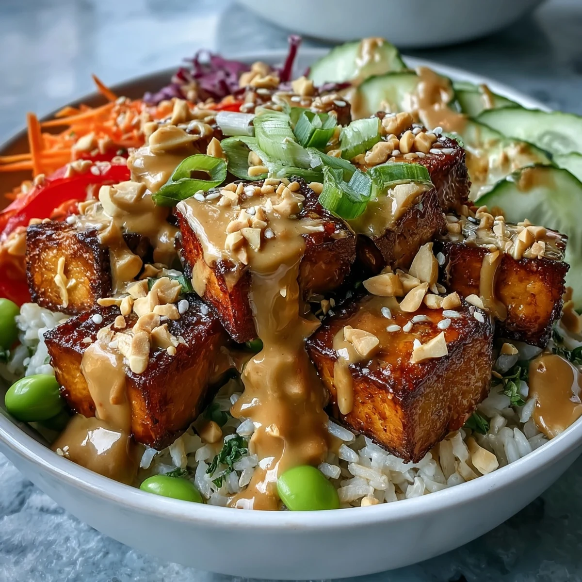 A close-up view shows creamy peanut sauce drizzled over a colorful vegan bowl, garnished with chopped peanuts and fresh green onions.