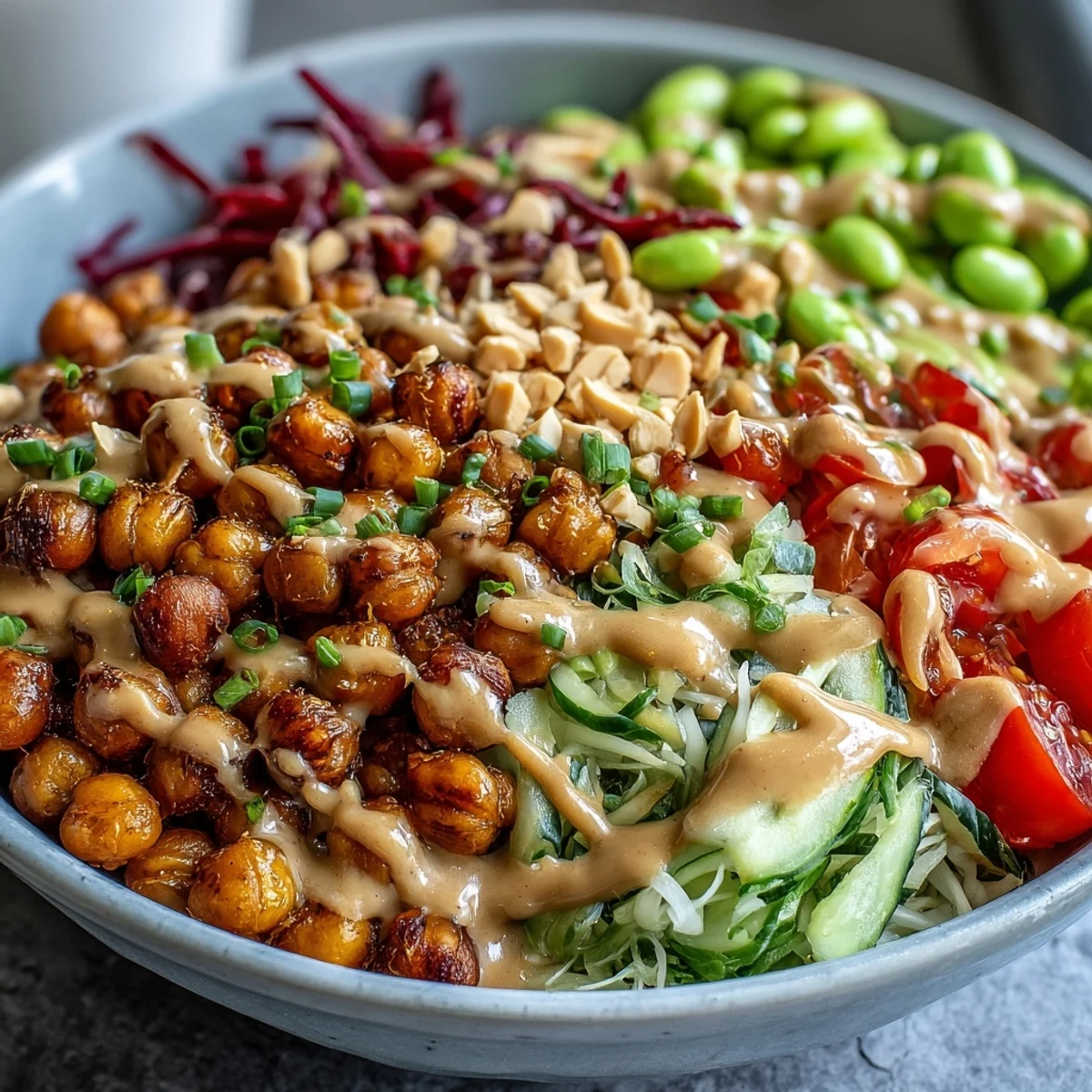 Close-up shot showing creamy peanut sauce drizzled over the Peanut Chickpea Protein Bowl ingredients.
