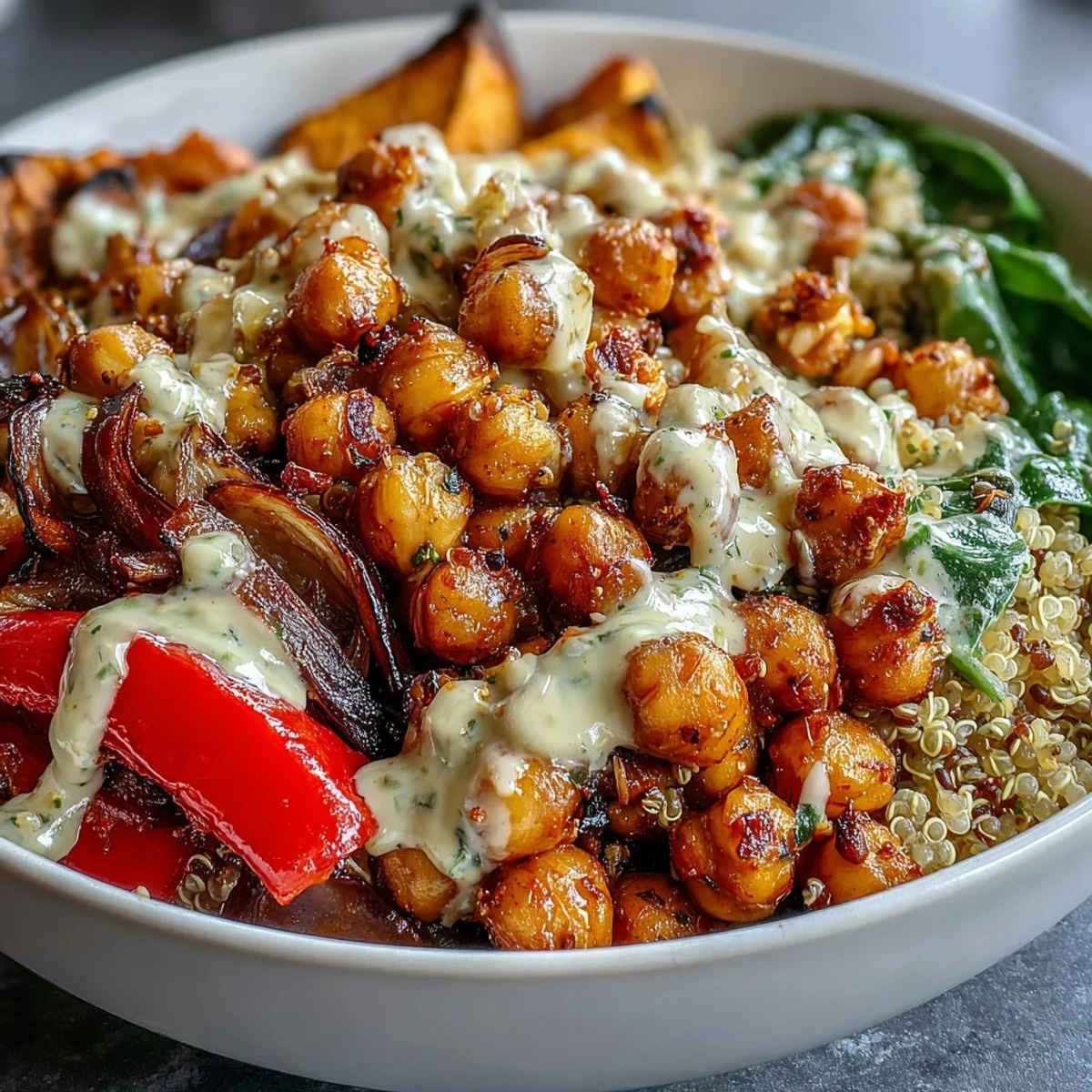 Golden roasted chickpeas and vegetables over quinoa in the Roasted Chickpea Power Bowl with creamy tahini.