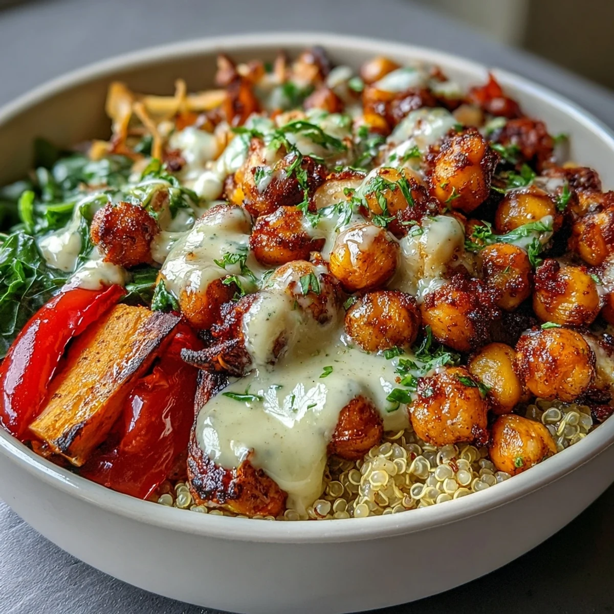 The Roasted Chickpea Power Bowl with tahini drizzle and fresh parsley, perfect for healthy meal prep.