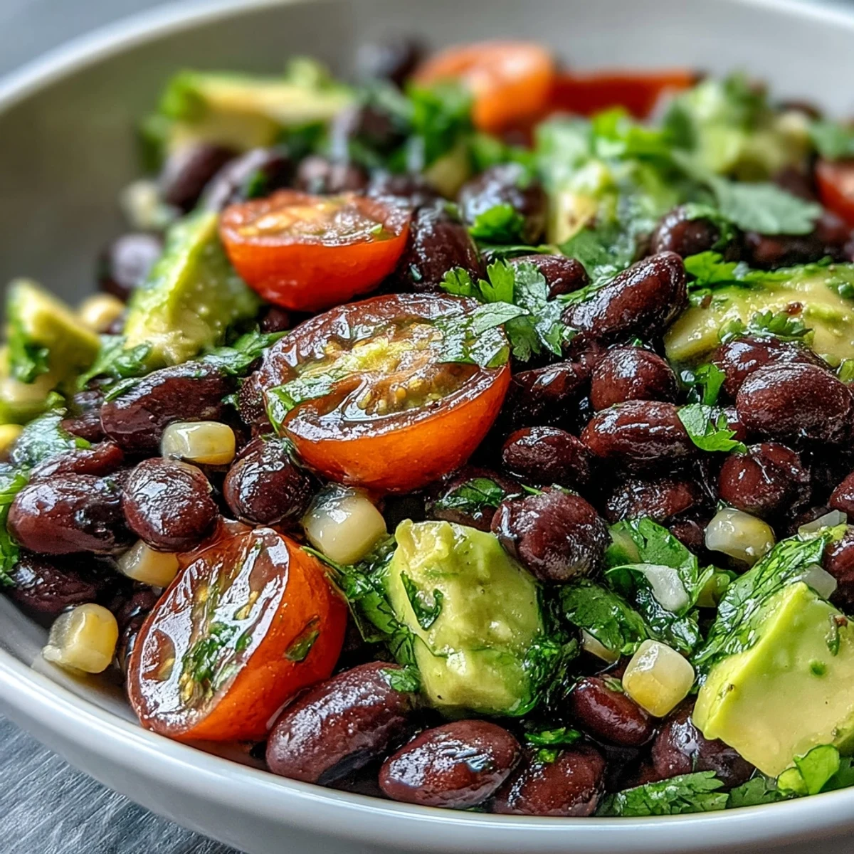 A close-up of a vibrant Black Bean and Veggie Bowl, showcasing creamy diced avocado, sweet corn, and halved cherry tomatoes on a bed of black beans.