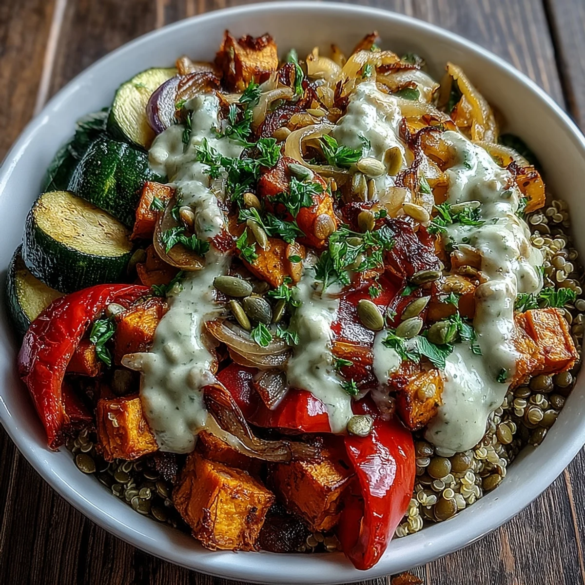 Hearty Lentil Power Bowl brimming with roasted vegetables and creamy golden tahini dressing.