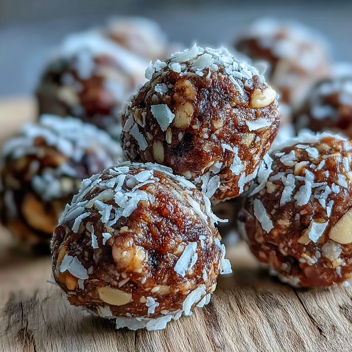 Hojicha energy balls rolled in shredded coconut, showcasing a no-bake vegan snack with roasted tea flavor and chocolate chips.