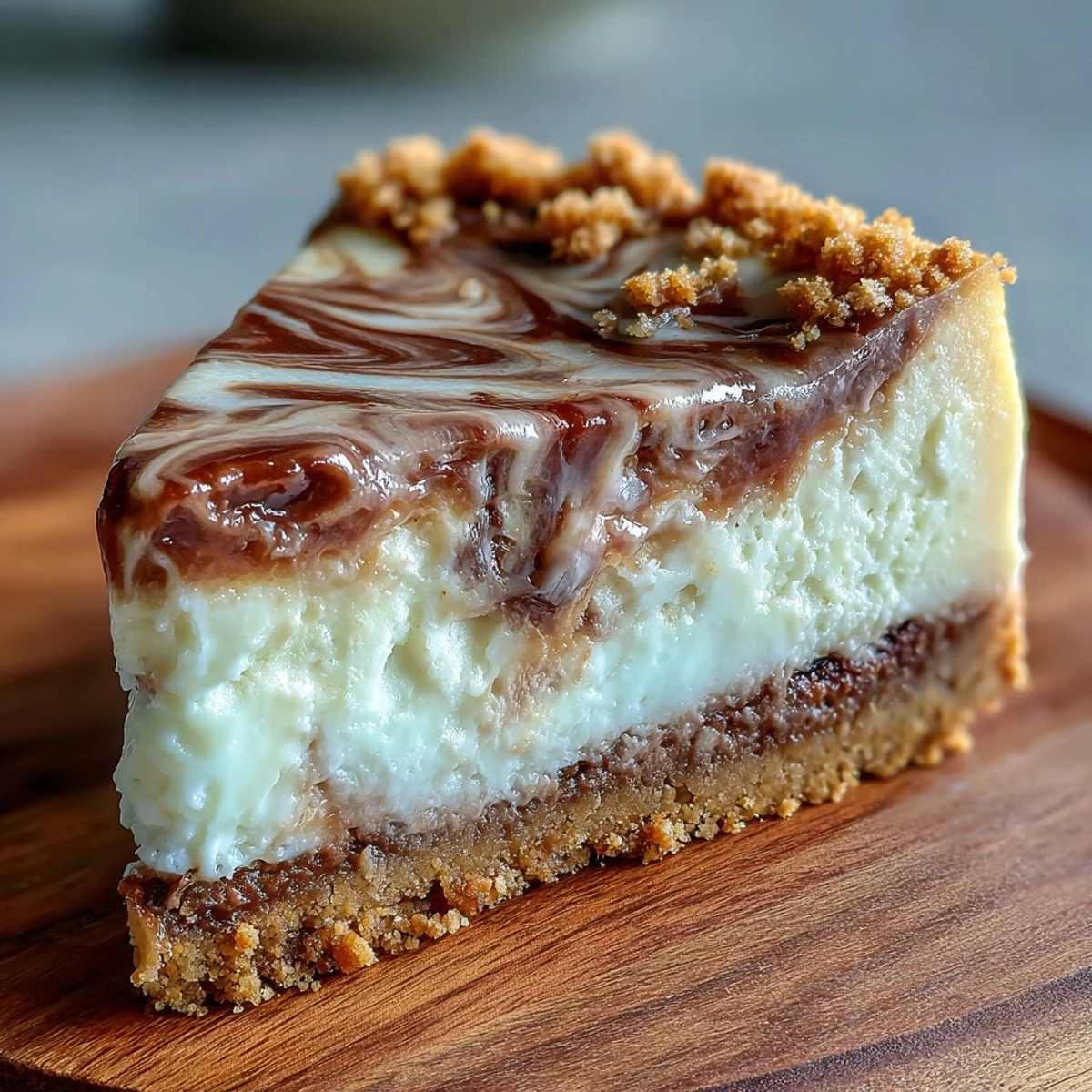 Slice of creamy Hojicha Cheesecake with a buttery graham cracker crust and visible tea swirls on a white plate.