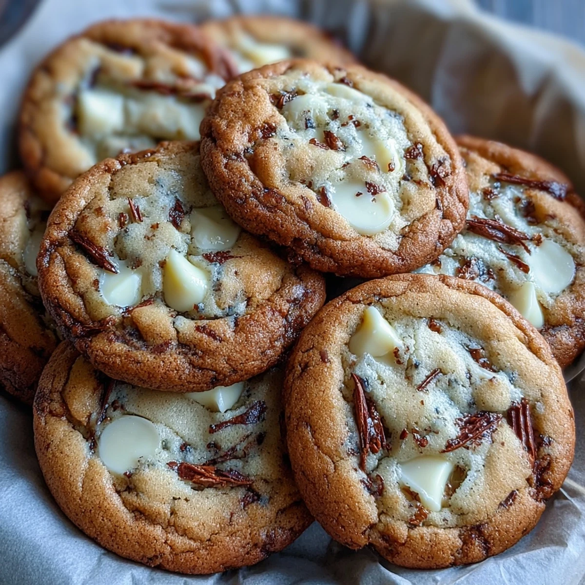 A close-up of a split Hojicha White Chocolate Cookies revealing a soft, chewy interior and melty white chocolate pieces.
