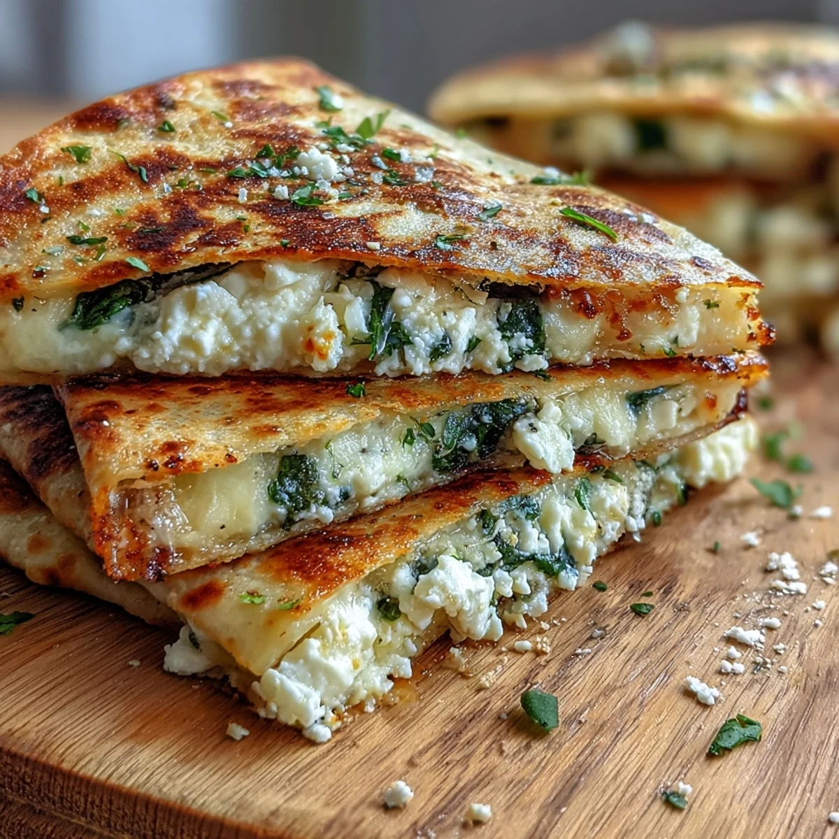 Golden-brown Mediterranean Quesadillas with Spinach, Feta, Mozzarella, and Red Onion melted on a white plate.