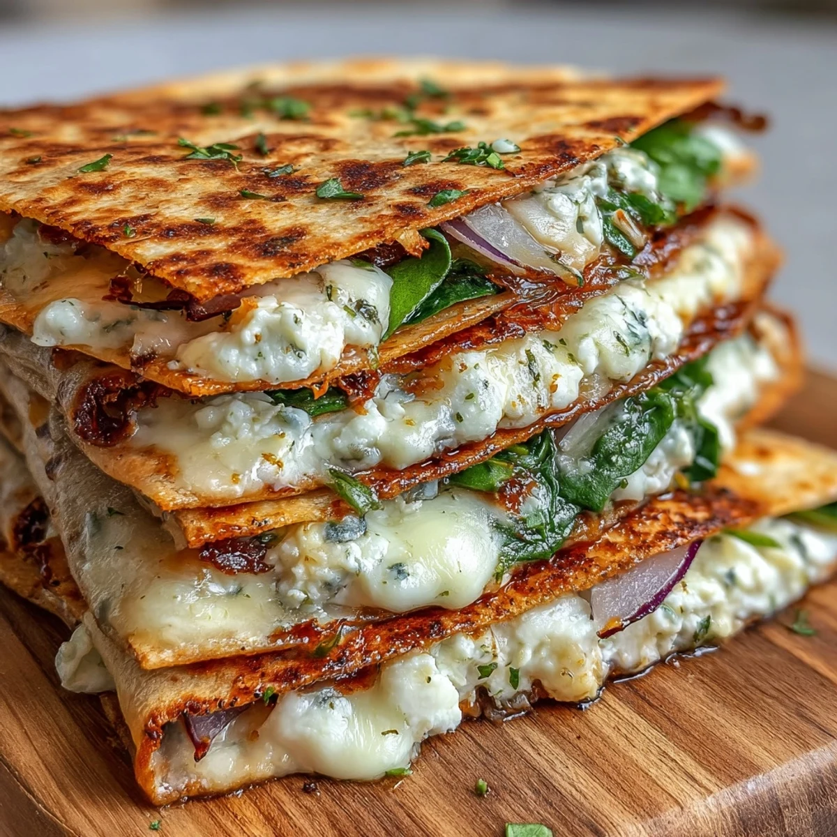 Crispy whole wheat Mediterranean Quesadillas with Spinach, Feta, Mozzarella, and Red Onion garnished with fresh herbs.