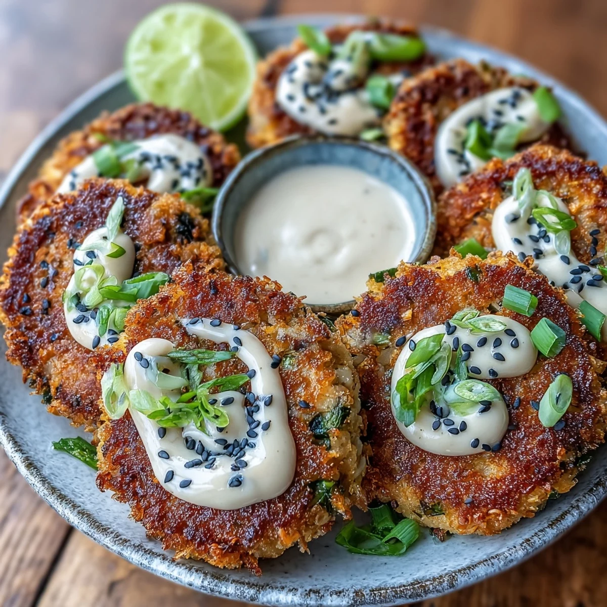 Golden, crispy Asian-Style Tuna Cakes sizzling in a skillet, ready to serve with spicy mayo.
