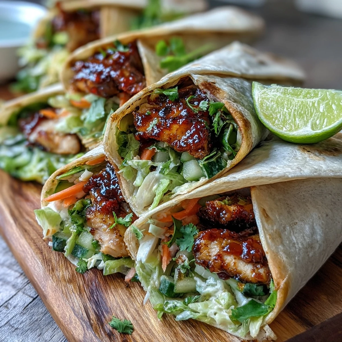 Juicy grilled Sweet Chili Chicken Wraps with fresh veggies and a drizzle of sweet chili sauce.