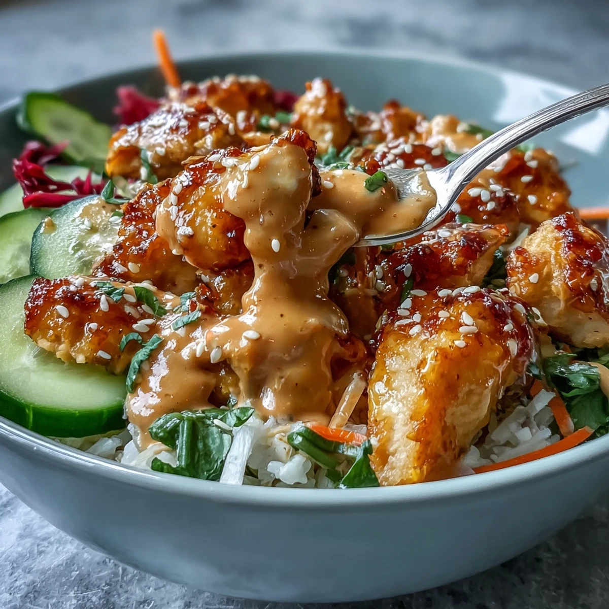 Overhead view of a vibrant Bang Bang Chicken Bowl with fluffy rice, crunchy carrots, and creamy sauce.