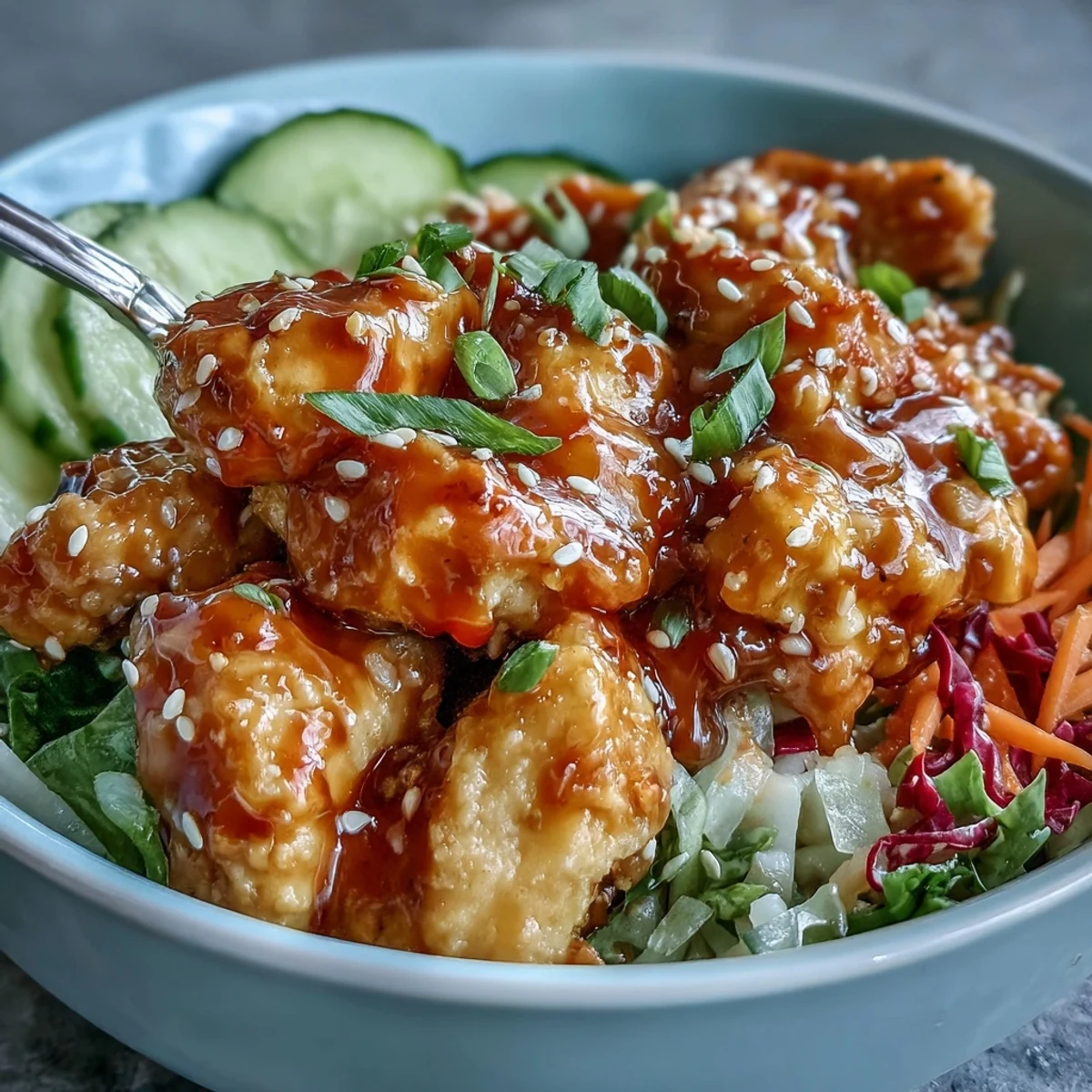 Plated Bang Bang Chicken Bowl with tender chicken, fresh veggies, and sesame seeds, perfect for a quick dinner.