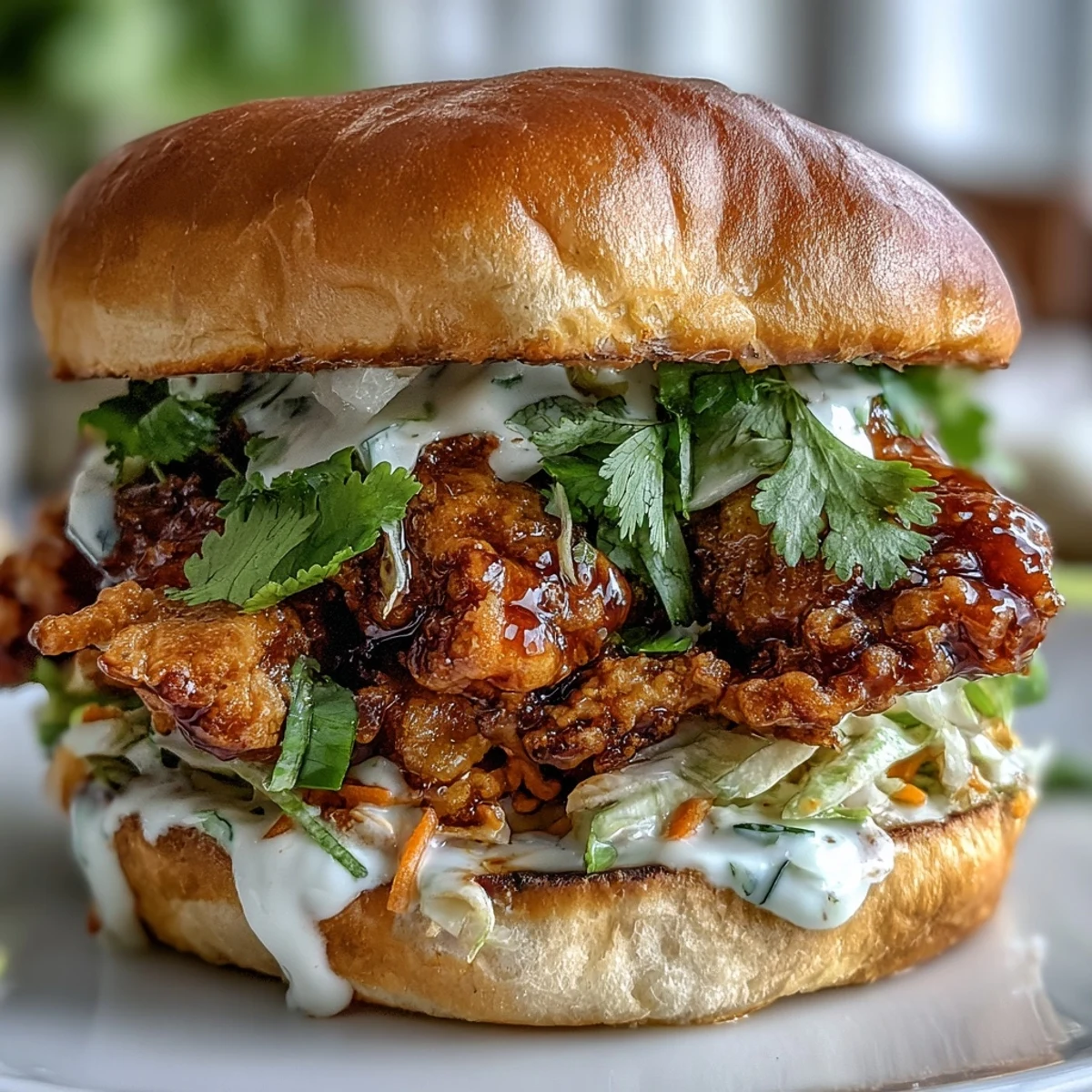 Golden-brown Thai Fried Chicken Sandwich stacked high with crunchy cabbage and spicy mayo dripping from the sides.