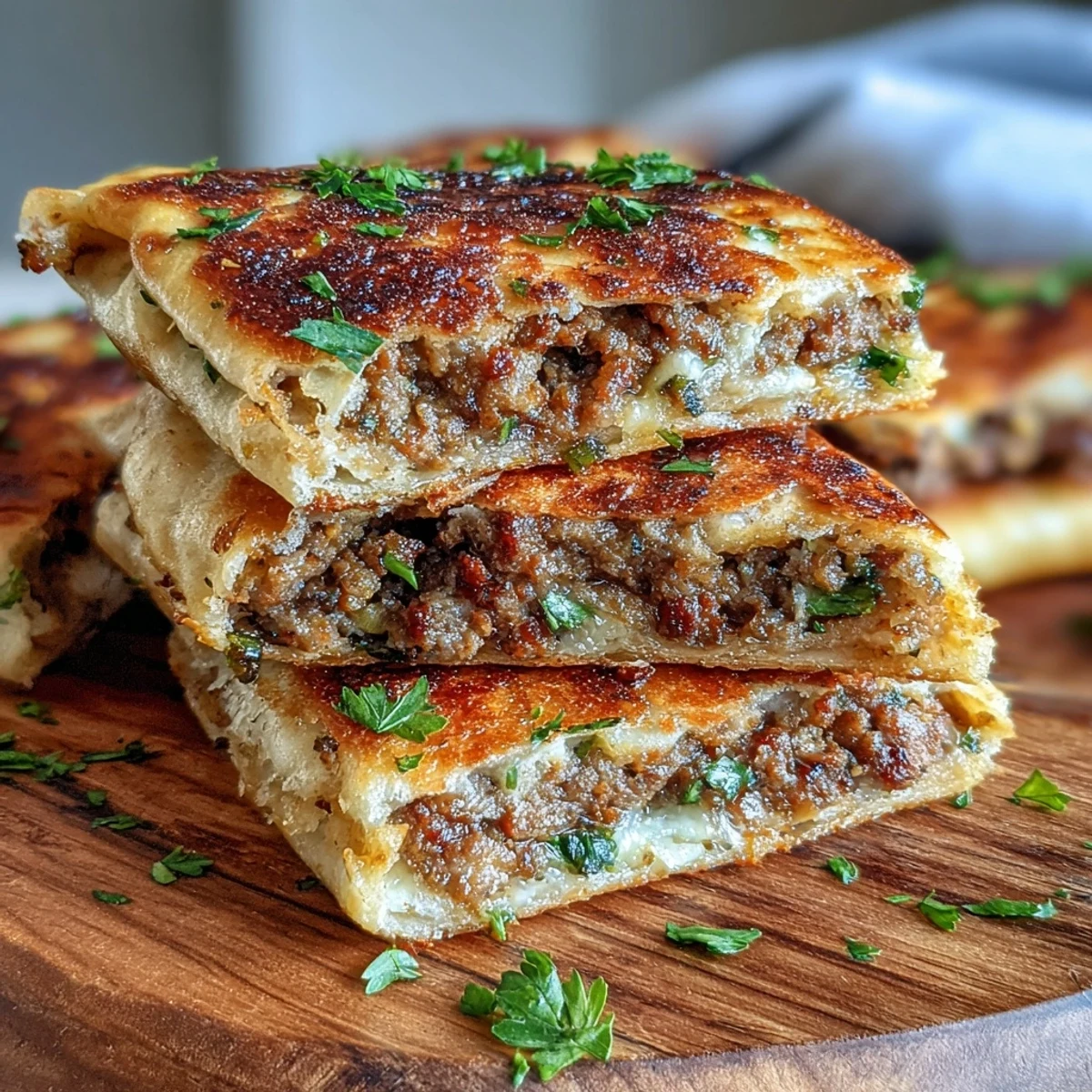 Two warm Lebanese arayes halves served on a plate with fresh lemon wedges.