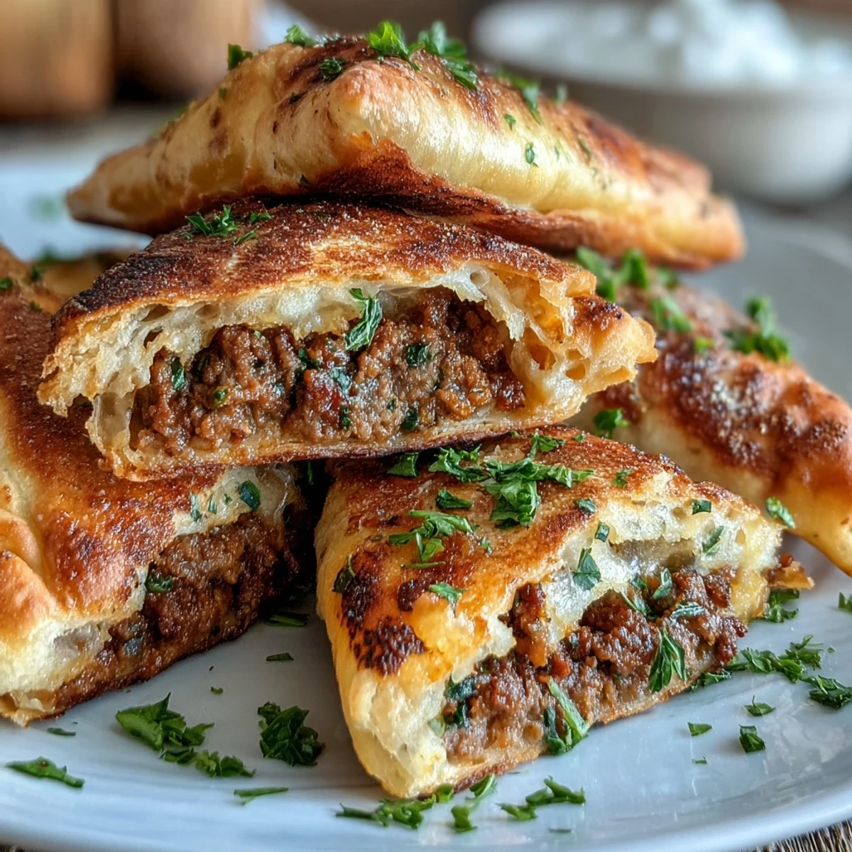 Grilled Lebanese arayes with crunchy pita and juicy meat filling, topped with fresh parsley.