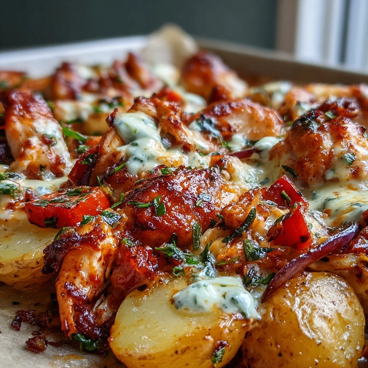 Freshly roasted Buffalo Ranch Chicken Potato Bake garnished with green onions, perfect for a family dinner.
