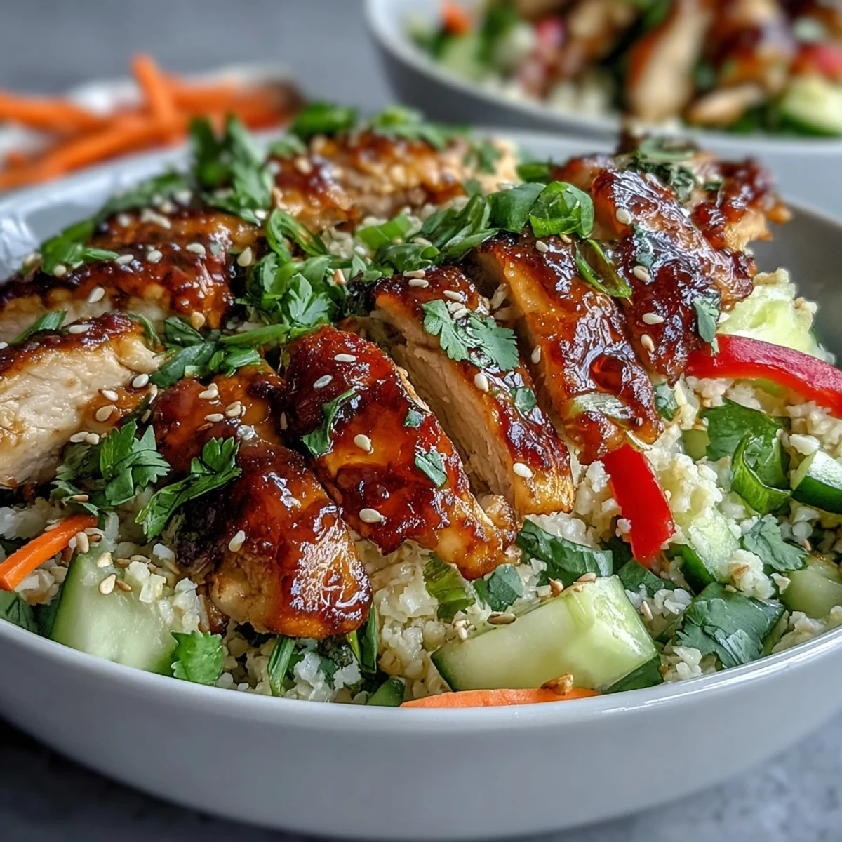 Tender sliced chicken breast rests atop fluffy pearl couscous with crisp cucumber and shredded carrots, drizzled with sesame-ginger dressing for a vibrant bowl.