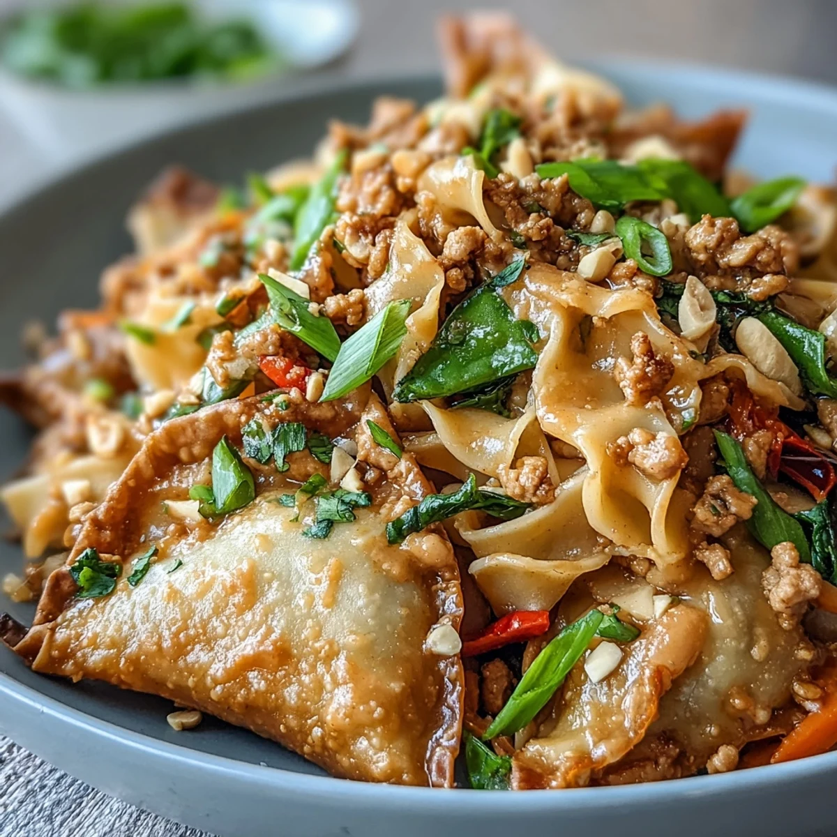 A steaming bowl of Creamy Thai-Inspired Peanut Noodle Bowls garnished with lime wedges and green onions, paired with a crisp glass of Riesling on a dinner table.