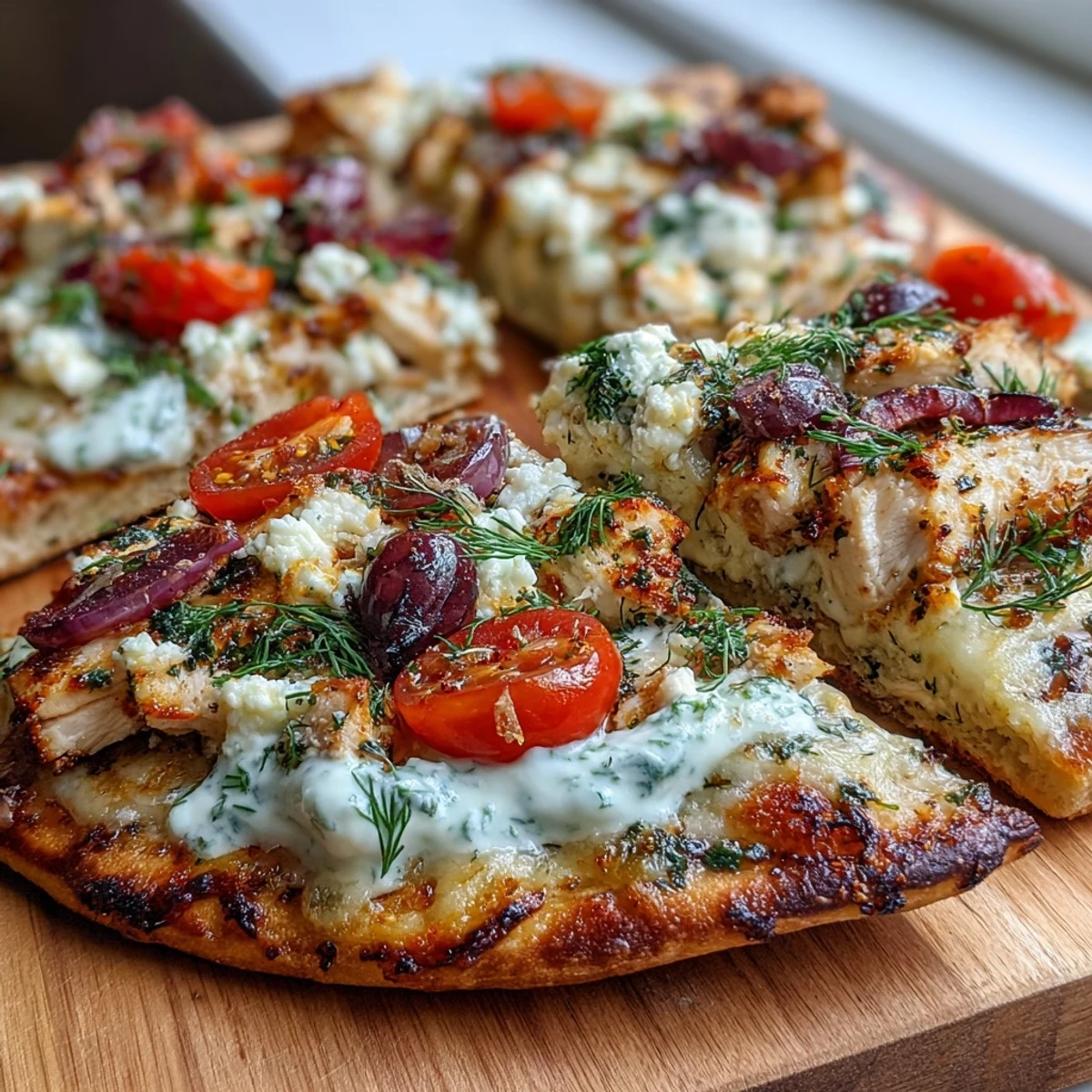 Golden-brown Lemon Feta Chicken Naan Pizza fresh from the oven, topped with juicy chicken, Kalamata olives, cherry tomatoes, and a creamy tzatziki drizzle.