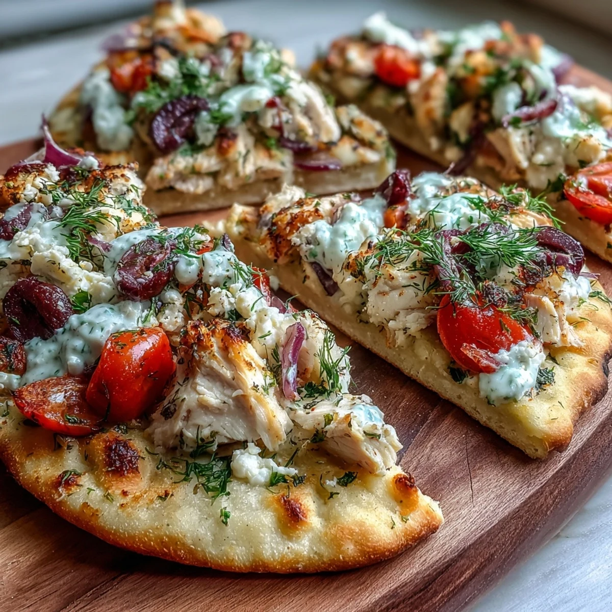 Crispy naan bread base layered with melted mozzarella, tangy feta, red onion, and lemony chicken for a vibrant Mediterranean dinner.