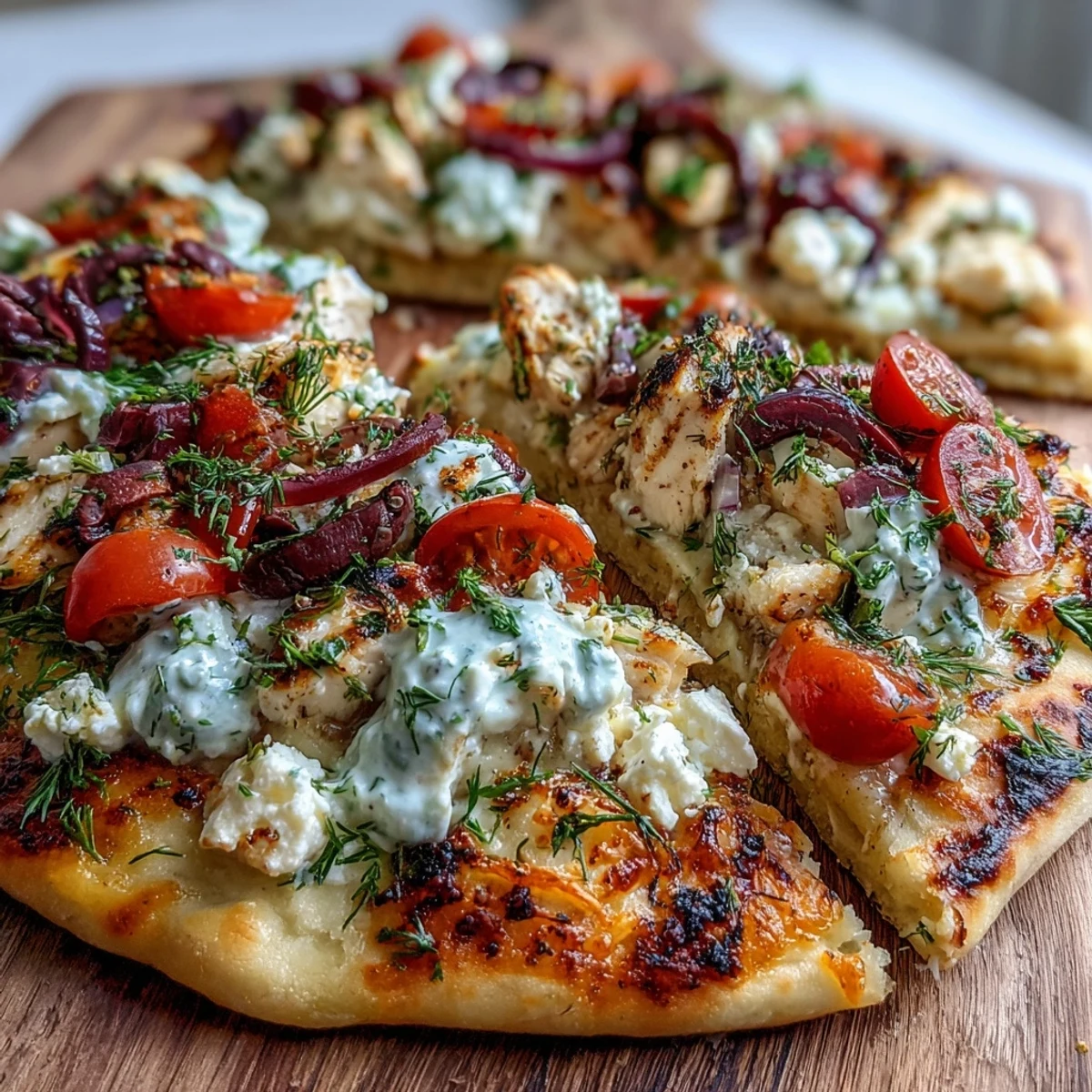 Sliced wedge of homemade Lemon Feta Chicken Naan Pizza showing tender chicken and fresh dill garnish, served beside a bowl of tzatziki.