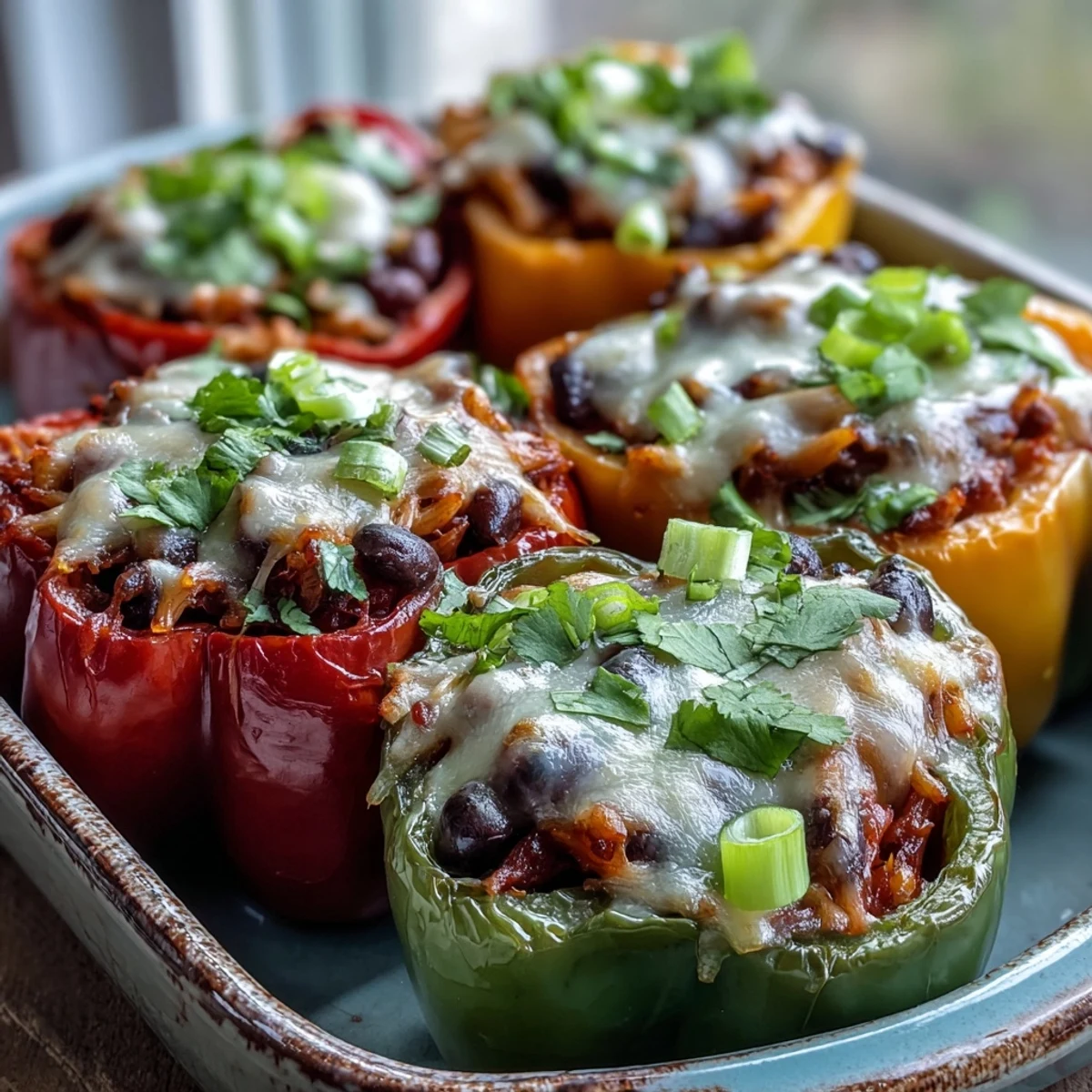 Bubbling cheddar tops vibrant bell peppers filled with hearty chili mac for a weeknight dinner.