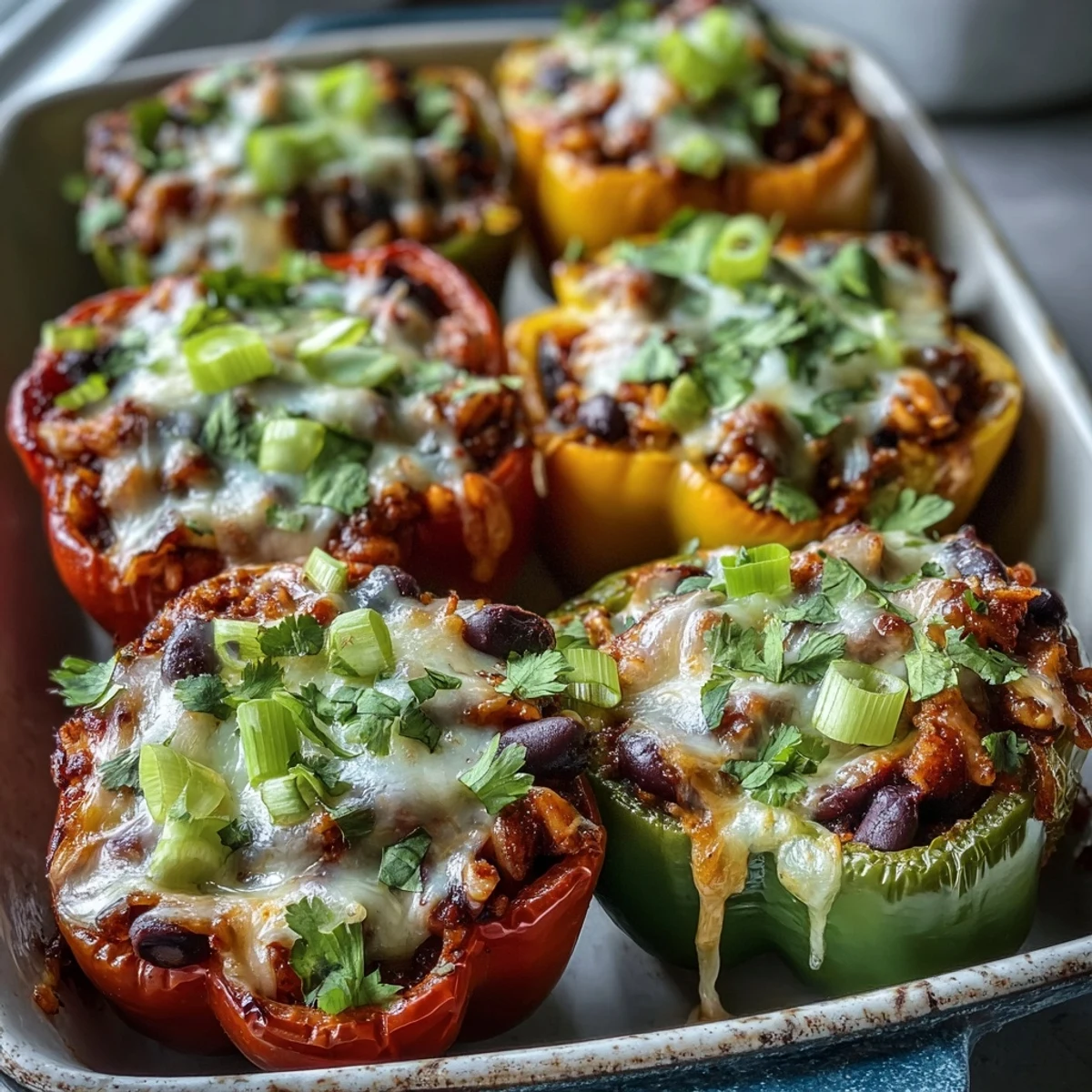 Golden-brown baked chili mac stuffed peppers with melted cheddar in a rustic baking dish.