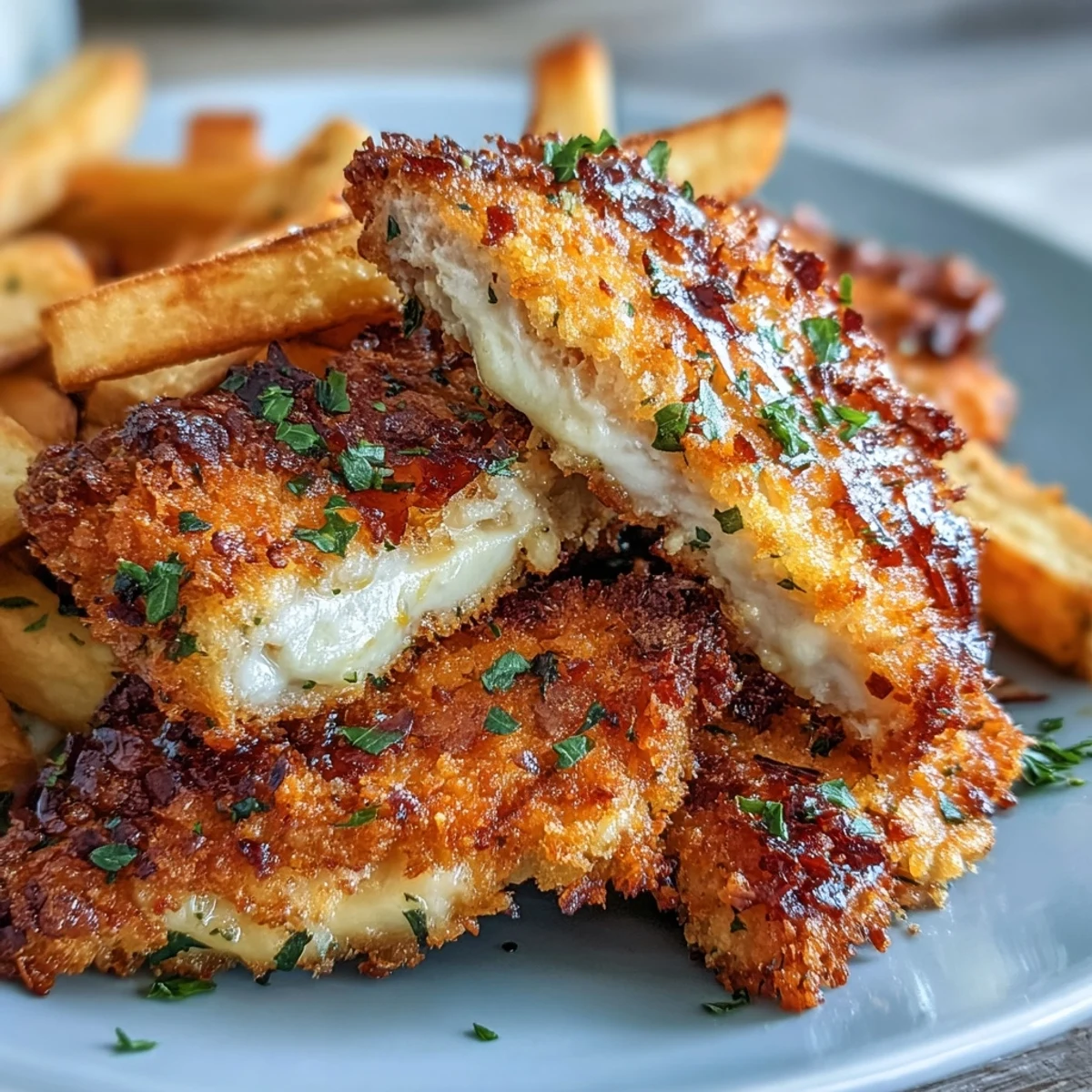 Oven-baked Crispy Baked Chicken Parmesan Fries with Parmesan-herb breading, ready to serve as an appetizer or main.