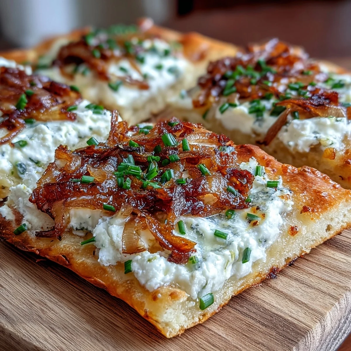 Slices of Goat Cheese & Caramelized Onion Flatbread reveal creamy goat cheese and sweet onions on a rustic plate.