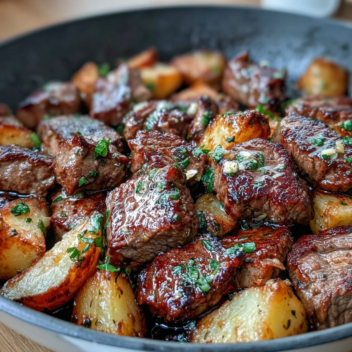 Close-up view of sizzling steak cubes and golden potatoes tossed in a rich, aromatic garlic butter sauce.