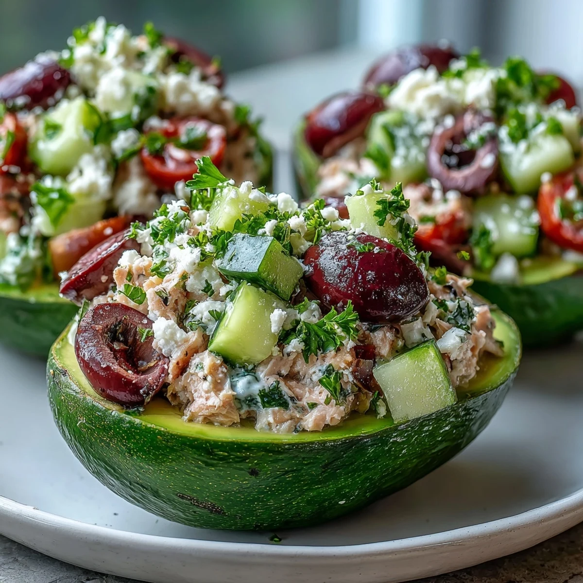 Fresh halved avocados overflowing with Mediterranean tuna salad, featuring cherry tomatoes, cucumber, and feta.