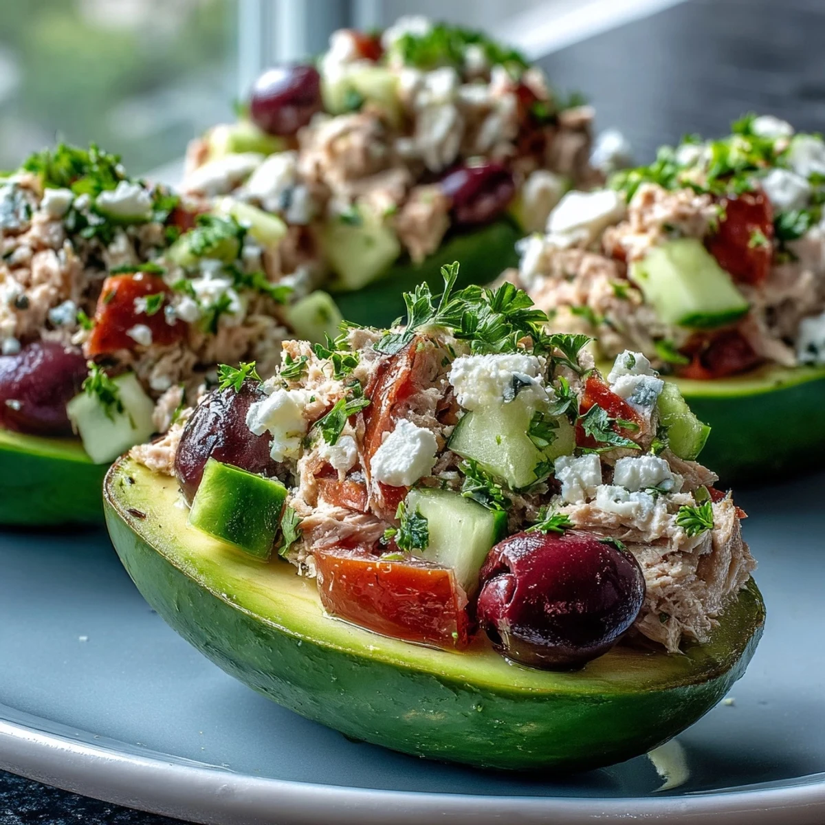 Ripe avocado halves filled with chunky Mediterranean tuna salad, garnished with fresh parsley and Kalamata olives.