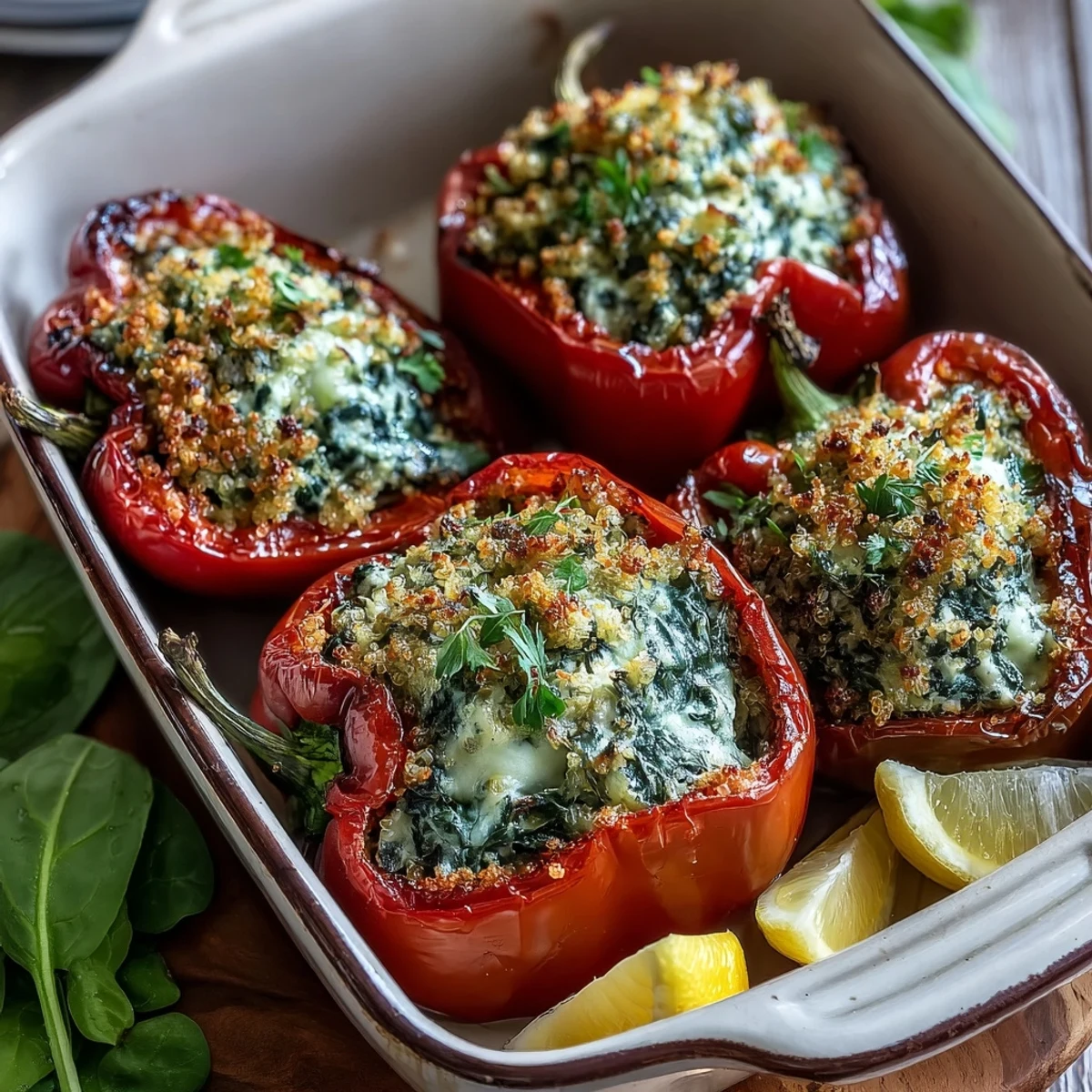Golden-brown Vegan Spinach and Artichoke Stuffed Peppers with a toasted breadcrumb topping sit in a baking dish, ready to serve.