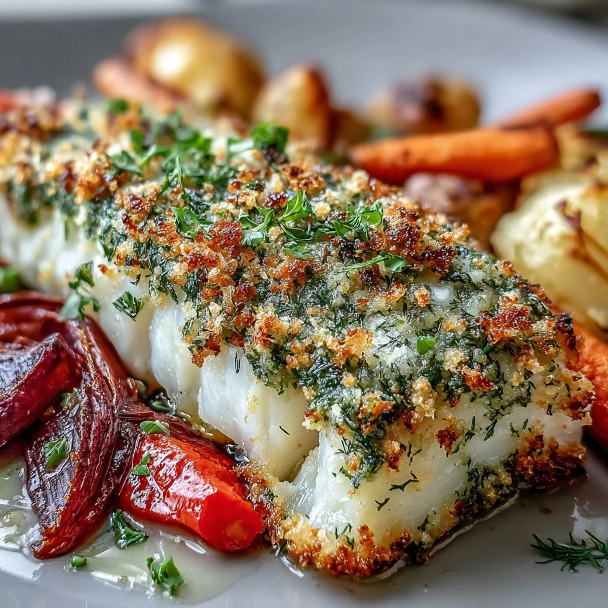 Golden-brown Herb-Crusted Baked Cod fillets roasted alongside vibrant carrots and zucchini, garnished with fresh dill.