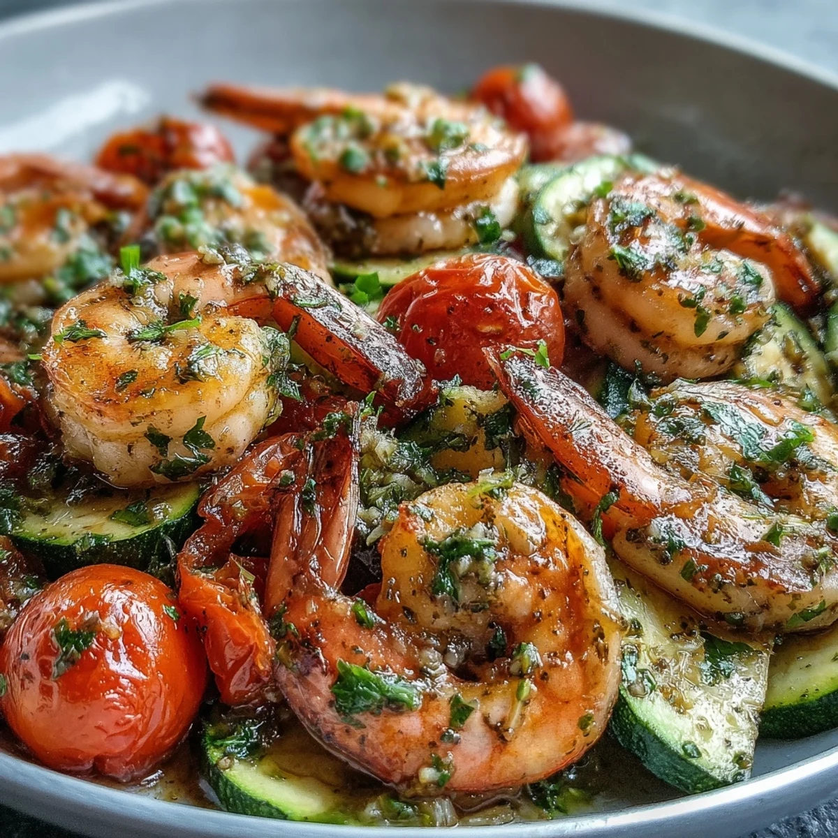 Golden-brown shrimp, tender zucchini, and blistered cherry tomatoes roasted in a lemon-butter sauce in a hot skillet.