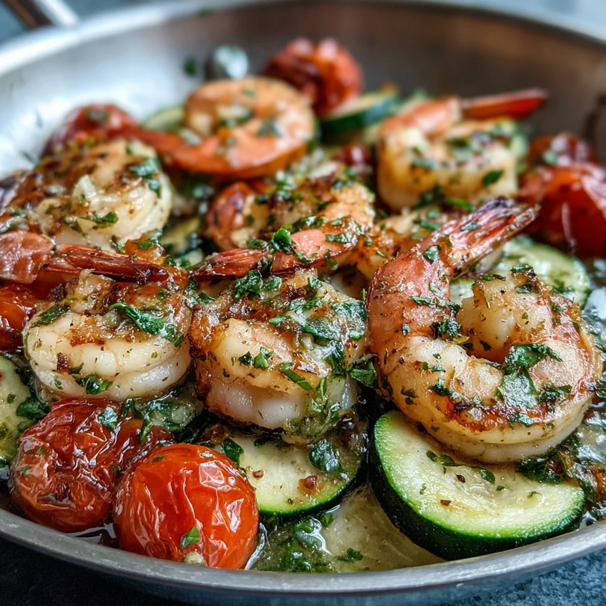 Succulent One-Pan Lemon Butter Shrimp with Zucchini and Tomatoes served over fluffy rice with fresh parsley garnish.