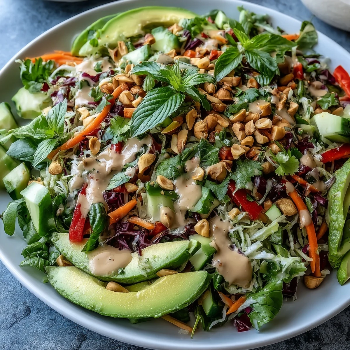 Freshly chopped Vegan Spring Roll Salad with Peanut Dressing features crunchy cabbage, carrots, and creamy avocado tossed in a zesty, vibrant sauce.