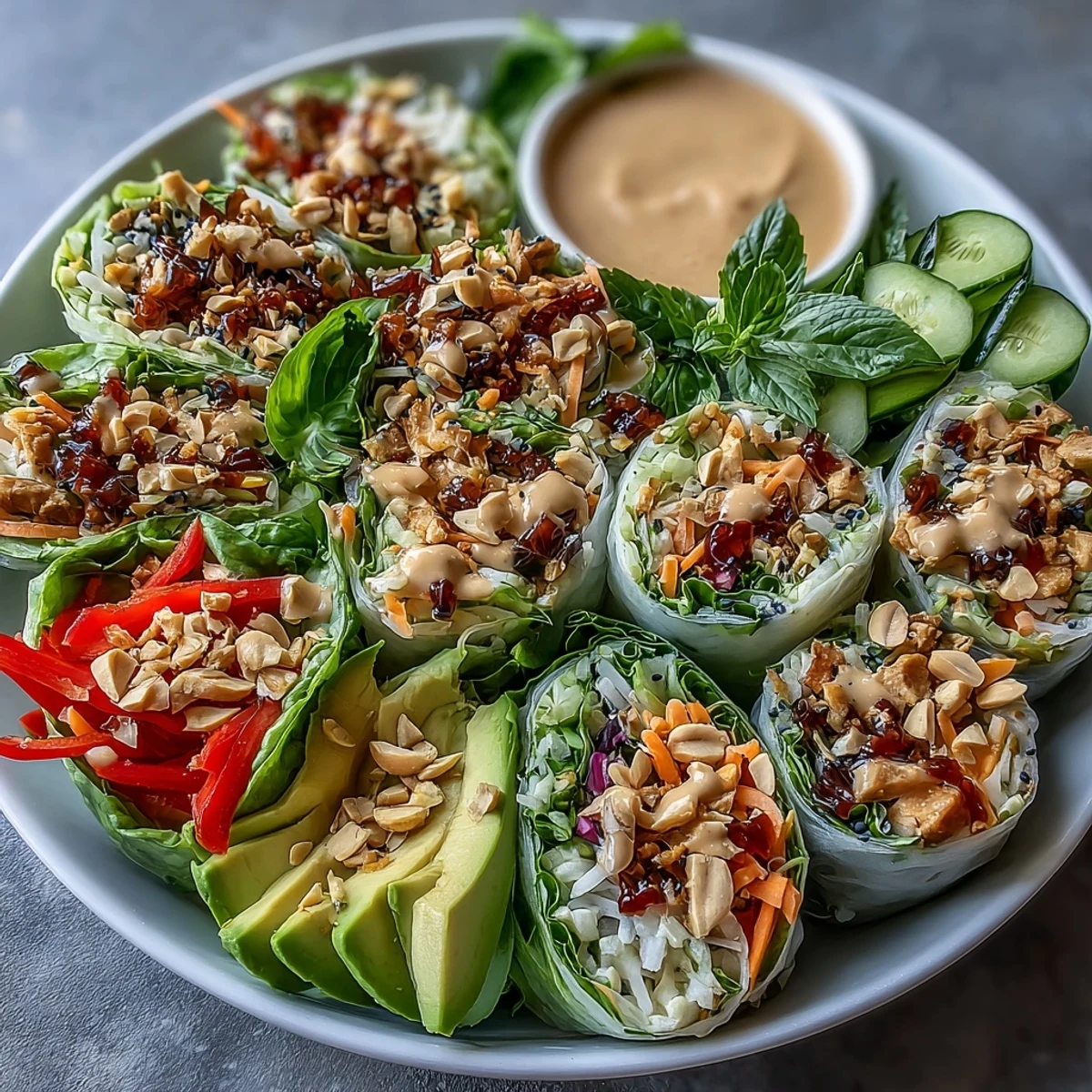 Vibrant bowl of Vegan Spring Roll Salad with Peanut Dressing, showcasing crisp bean sprouts, rice noodles, and sliced red bell pepper ready to eat.