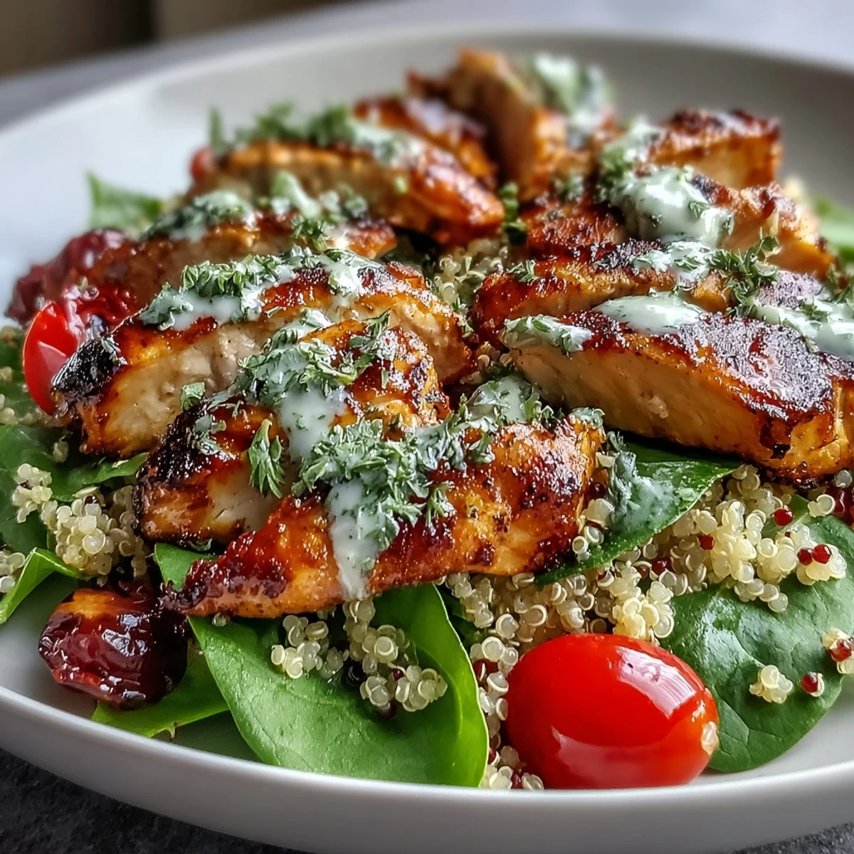 Sliced lemon herb grilled chicken over fluffy quinoa, fresh spinach, tomatoes, and cucumbers in a white bowl.