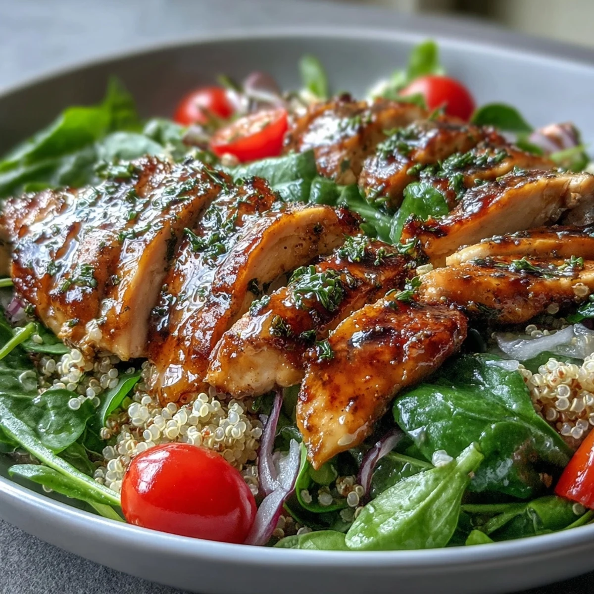 Close-up of vibrant Lemon Herb Grilled Chicken Salad with quinoa, showing juicy grilled chicken slices and crisp red onion.