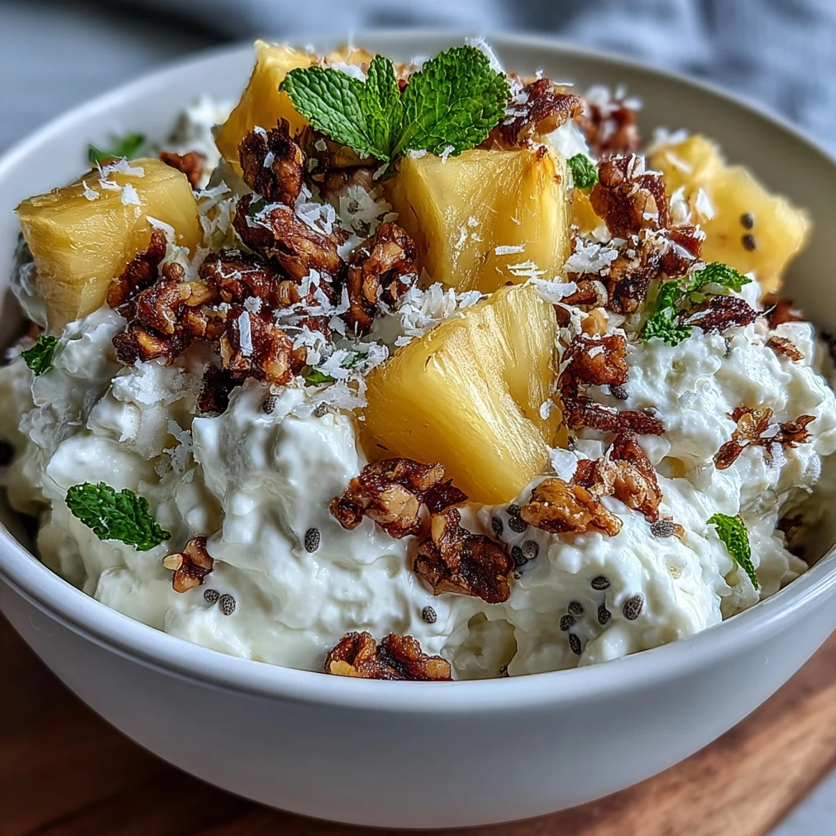 A vibrant bowl of Cottage Cheese Breakfast Bowl with Pineapple and Granola, topped with sweet pineapple chunks and a drizzle of honey.