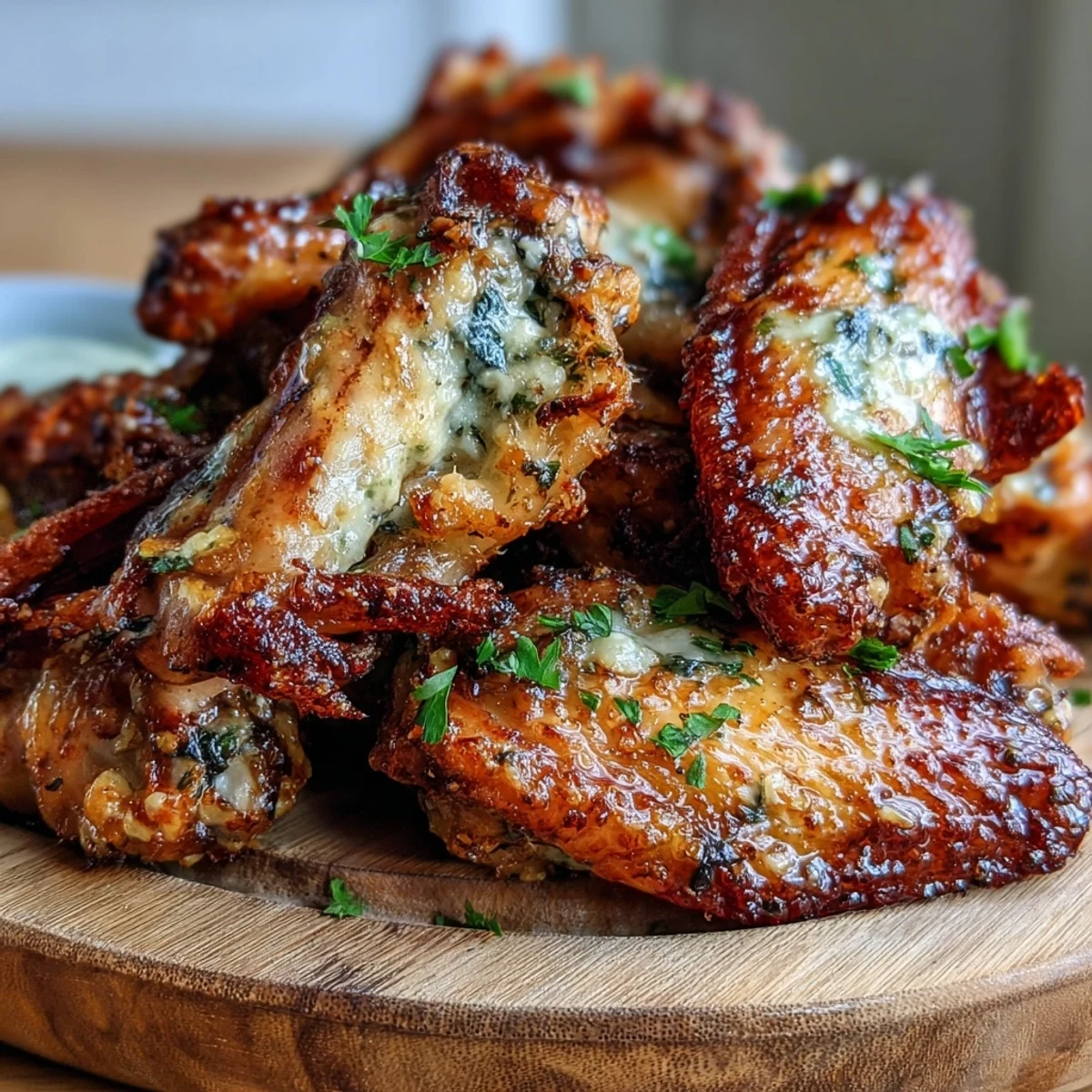 Plated Keto Garlic Parmesan Baked Chicken Wings are garnished with chopped parsley and red pepper flakes, served beside celery sticks and keto ranch.
