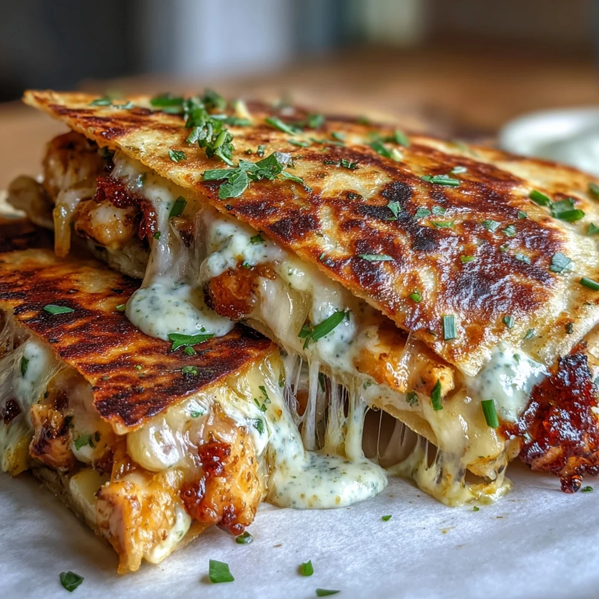 Cheesy Hot Honey Chicken Quesadillas with melty cheddar and spicy honey-glazed chicken in crispy tortillas.